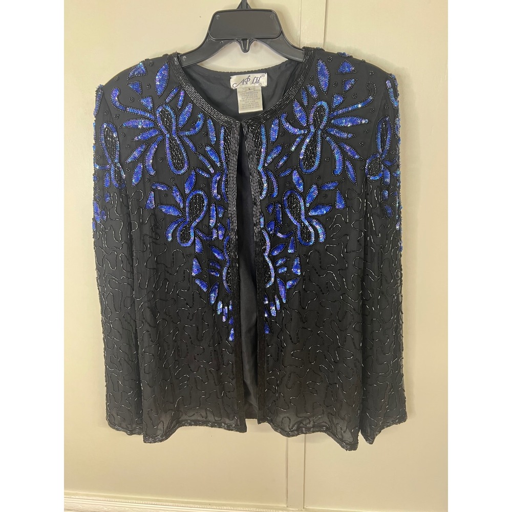 AJ Ltd Vintage Silk Beaded Sequin Evening Jacket Black Blue Floral Formal Large